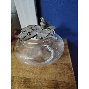 Vintage Metzke Pewter Dogwood Blossoms & Bird Glass Potpourri Trinket Dish